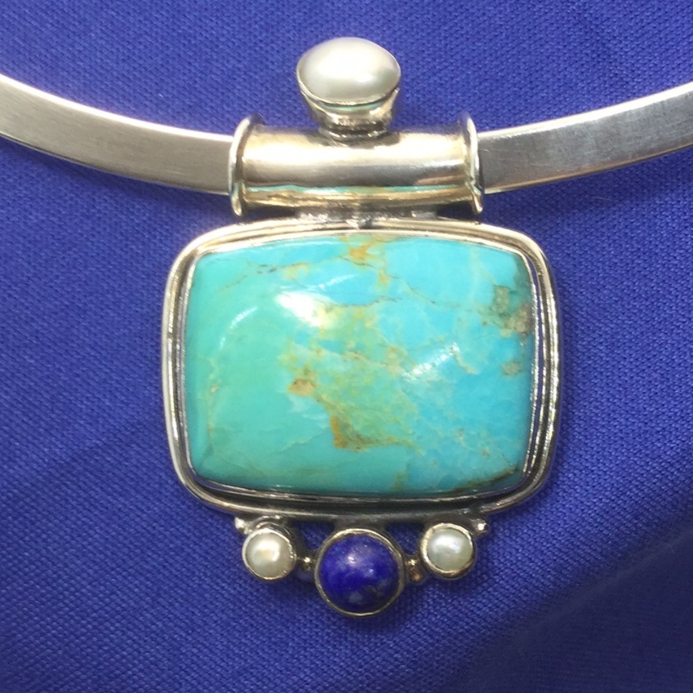 Turquoise Sterling Silver Pendant/blue Lapis/Pearl